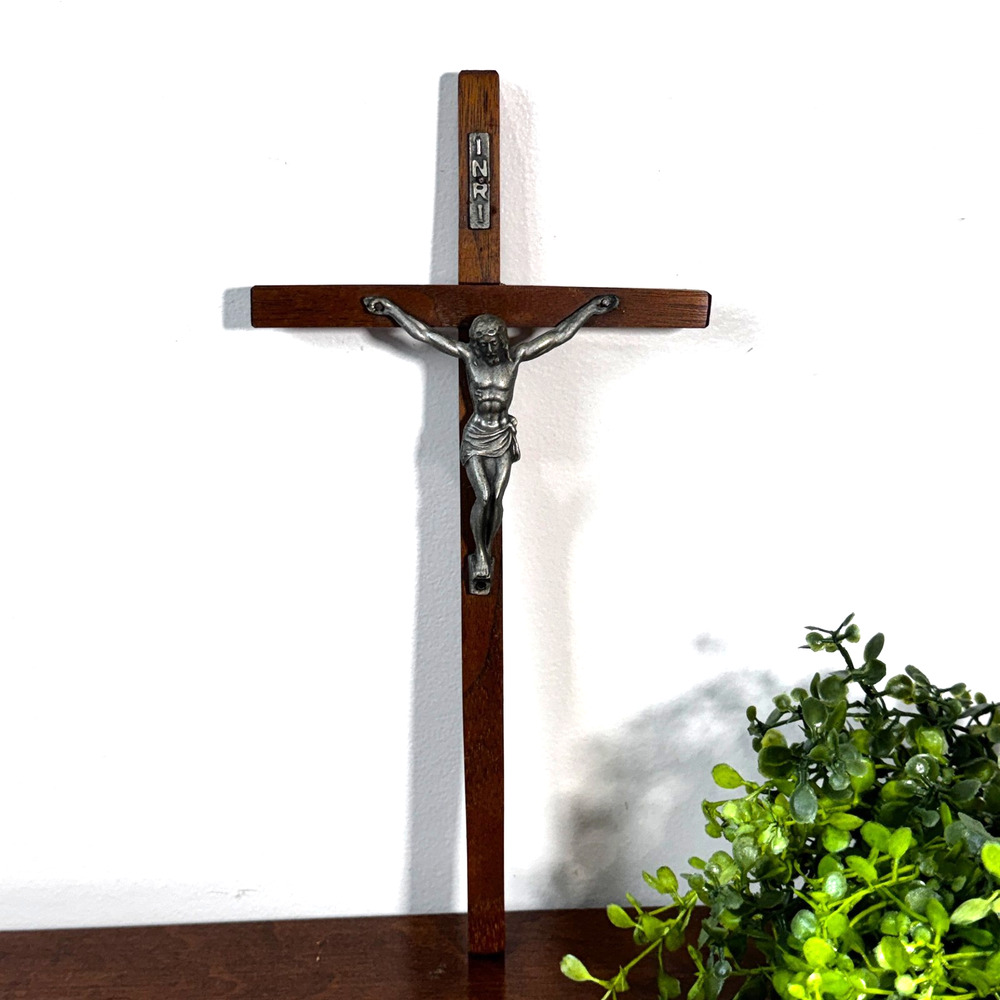 Vintage Jesus Crucifix 10” Cross Metal and Wood Holy Religious